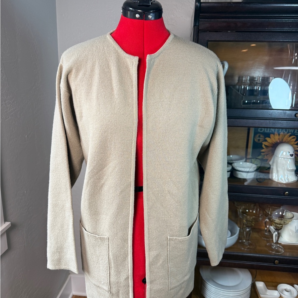 Vintage Belford Beige 100% Marino Wool Open Front Cardigan Sweater Size S